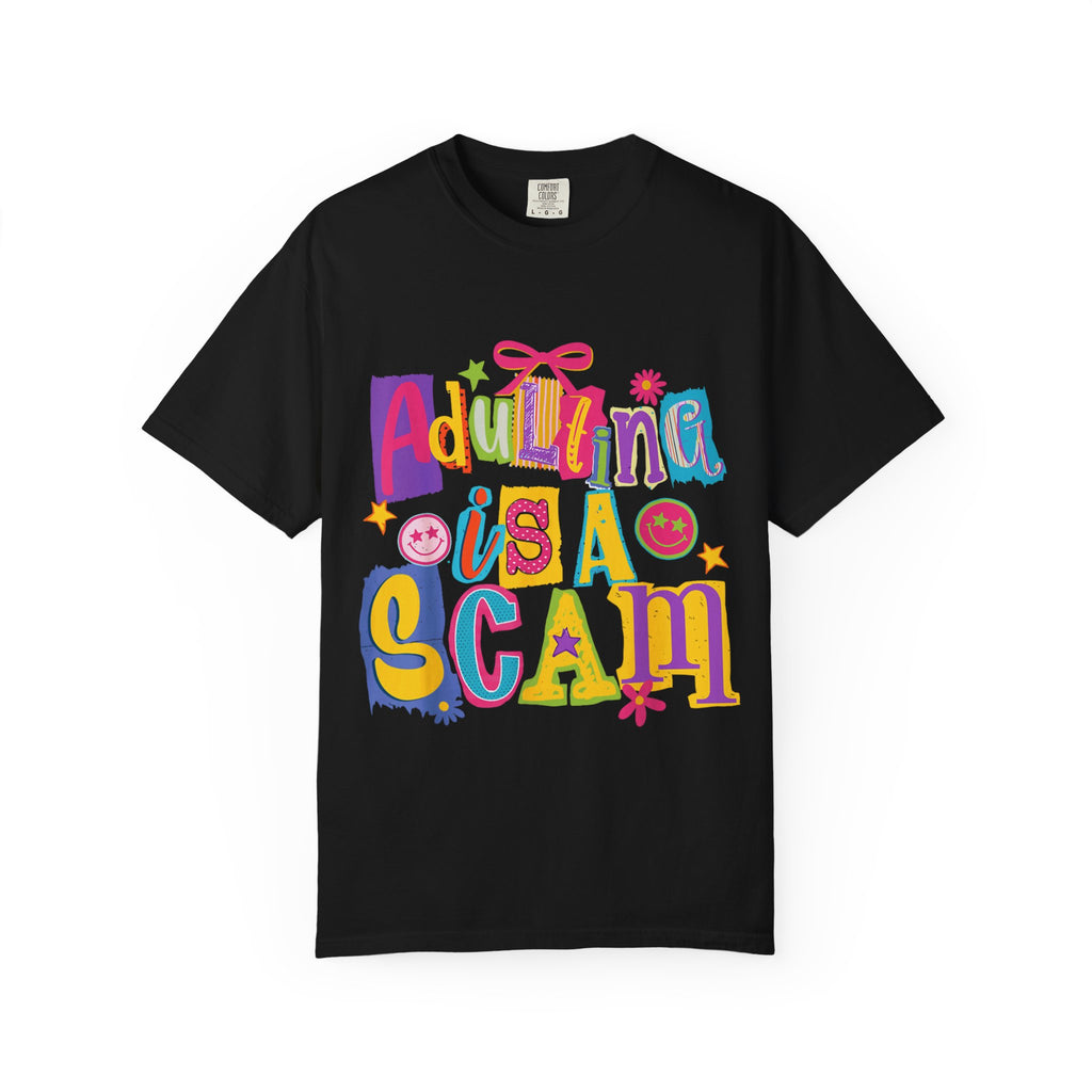 Adulting Is a Scam T-Shirt — Funny Retro Colorful Graphic Tee