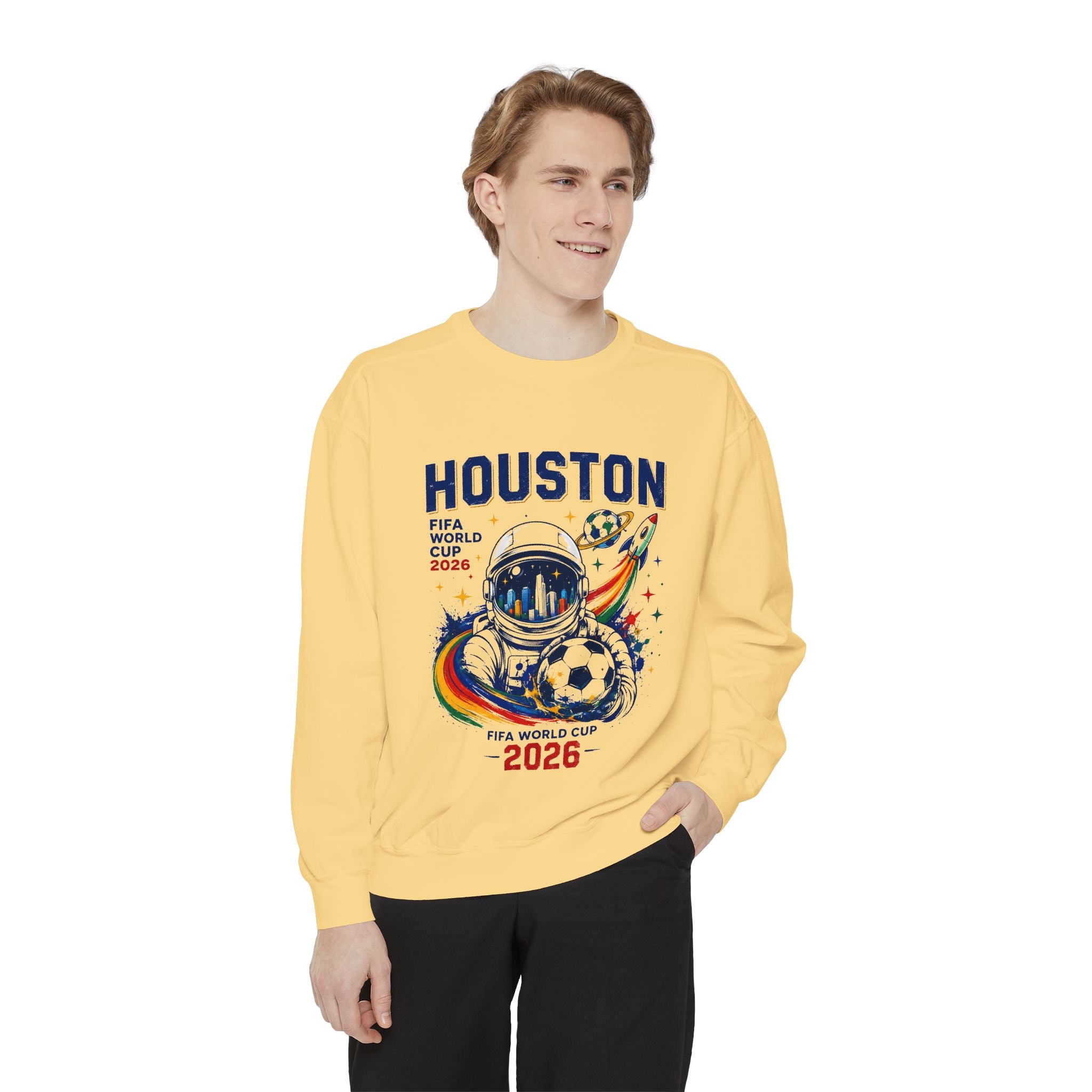 Houston 2026 World Cup Sweatshirt — Astronaut Soccer Retro Graphic