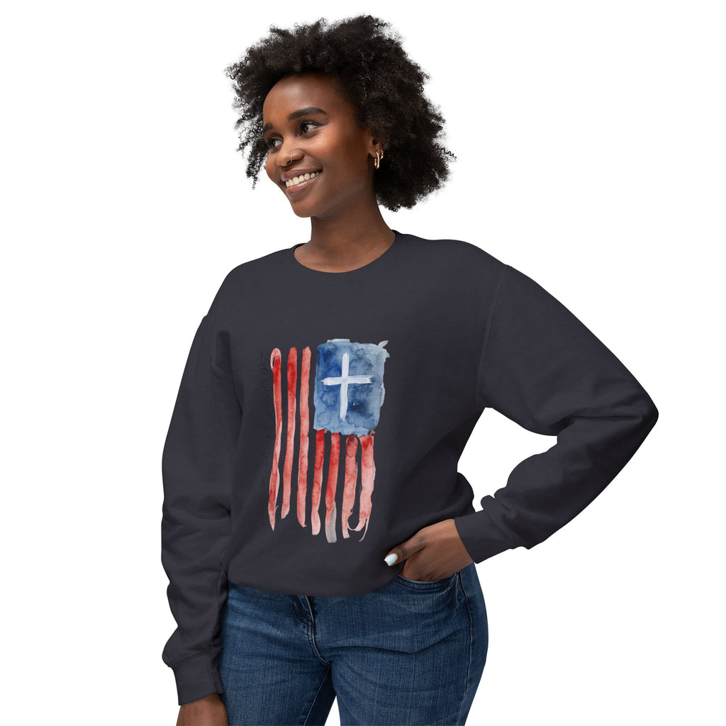 Crewneck Sweatshirt - Watercolor Christian Flag Design (Cross & Stripes)