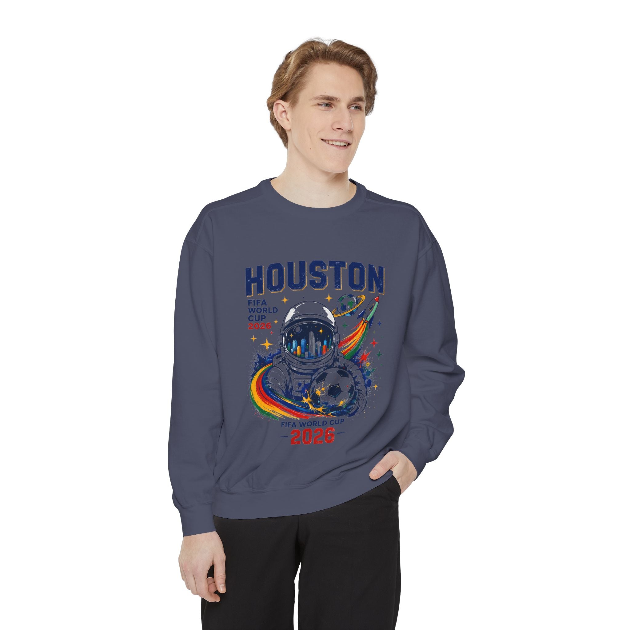 Houston 2026 World Cup Sweatshirt — Astronaut Soccer Retro Graphic