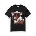 Elegant Black Woman Graphic T-Shirt — Chic Summer Hat Illustration