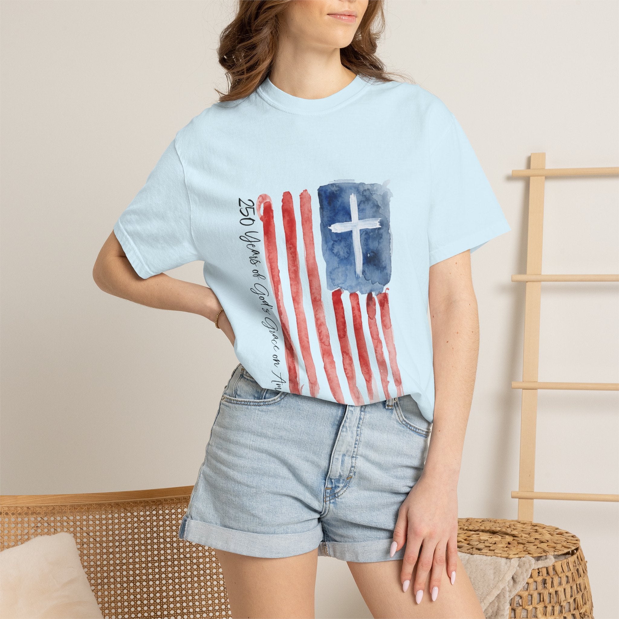 Patriotic Watercolor Flag T-Shirt — "God Bless America"