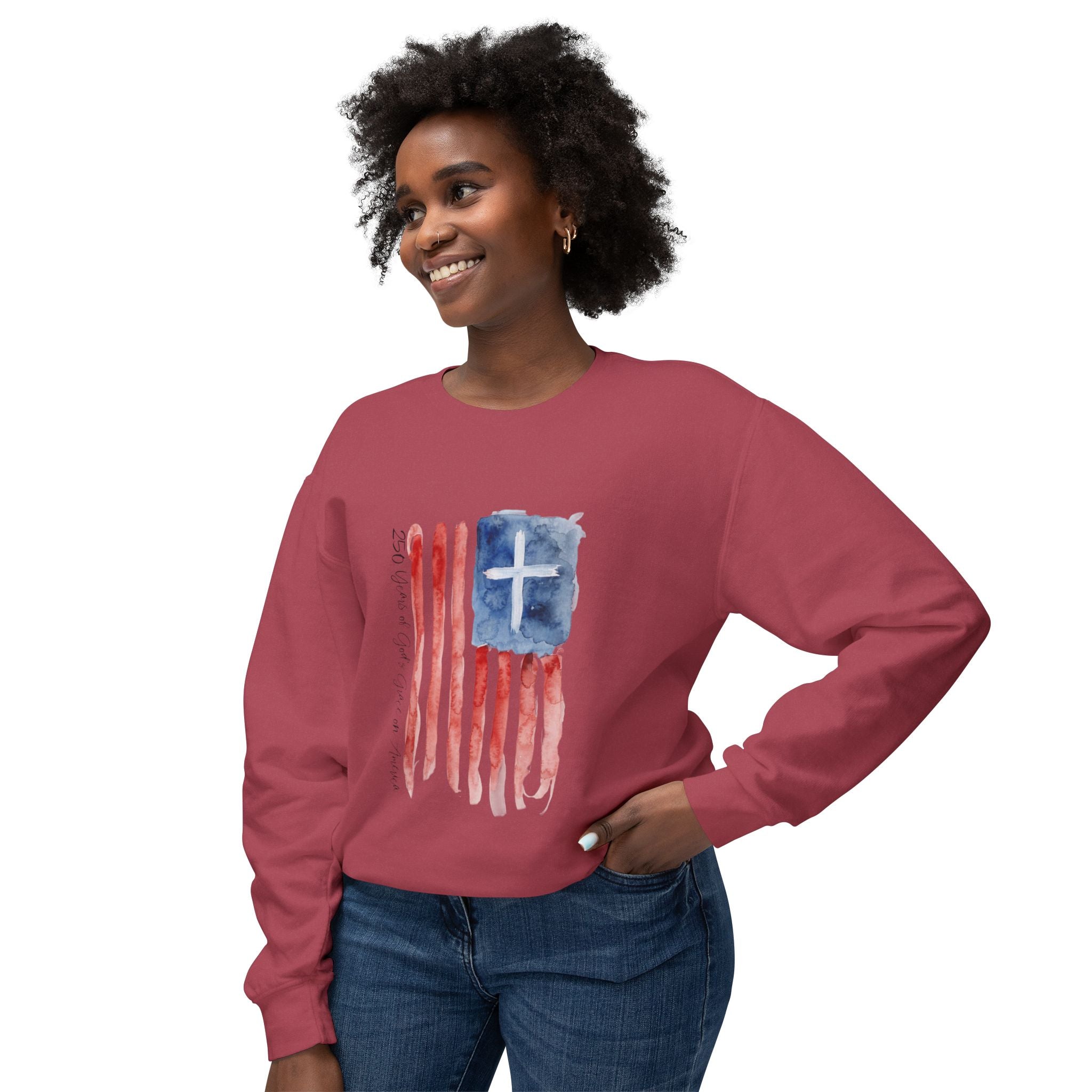 Crewneck Sweatshirt - Watercolor Christian Flag Design (Cross & Stripes)