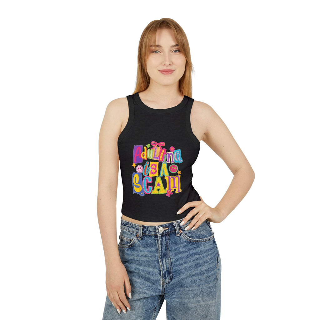 Adulting Is a Scam Racer Tank Top — Women's Cute Graphic Crop Tank