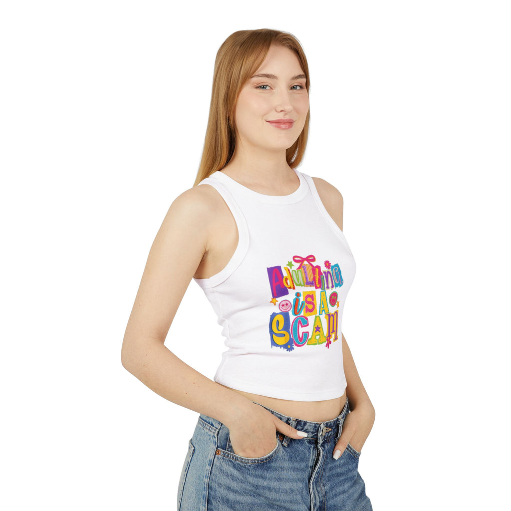 Adulting Is a Scam Racer Tank Top — Women's Cute Graphic Crop Tank