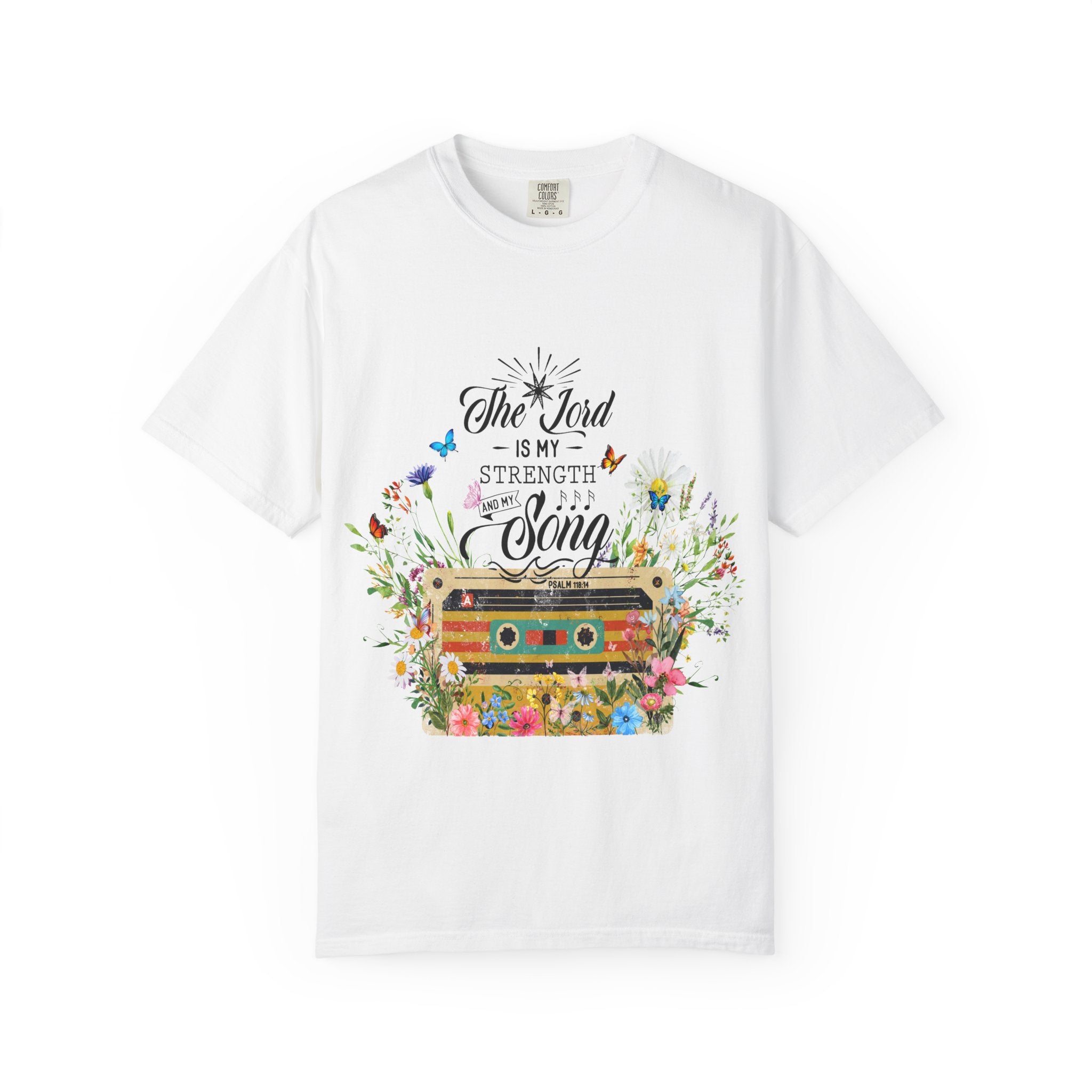 Graphic T-Shirt — "The Lord Is My Strength and Song" Floral Cassette Faith Tee