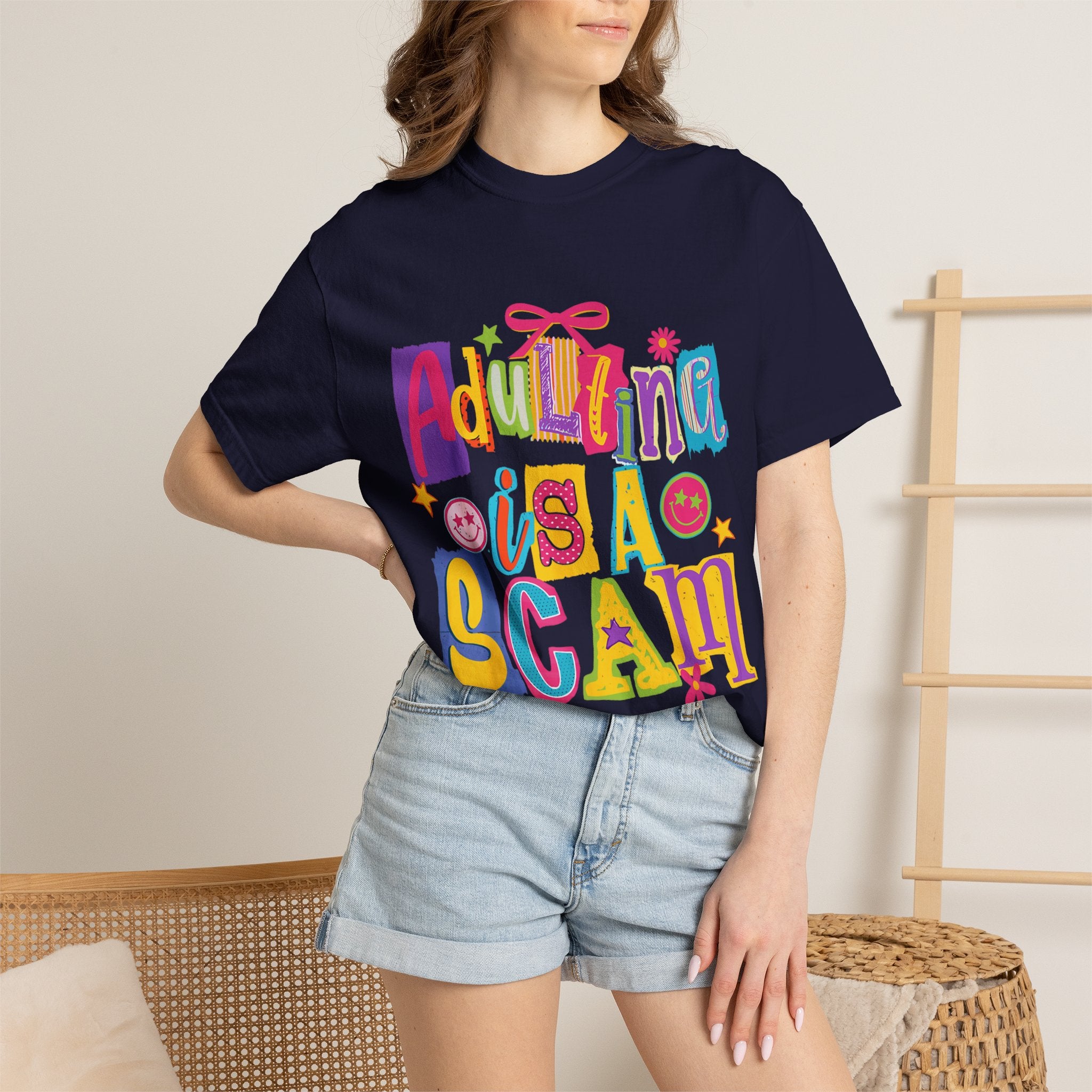 Adulting Is a Scam T-Shirt — Funny Retro Colorful Graphic Tee