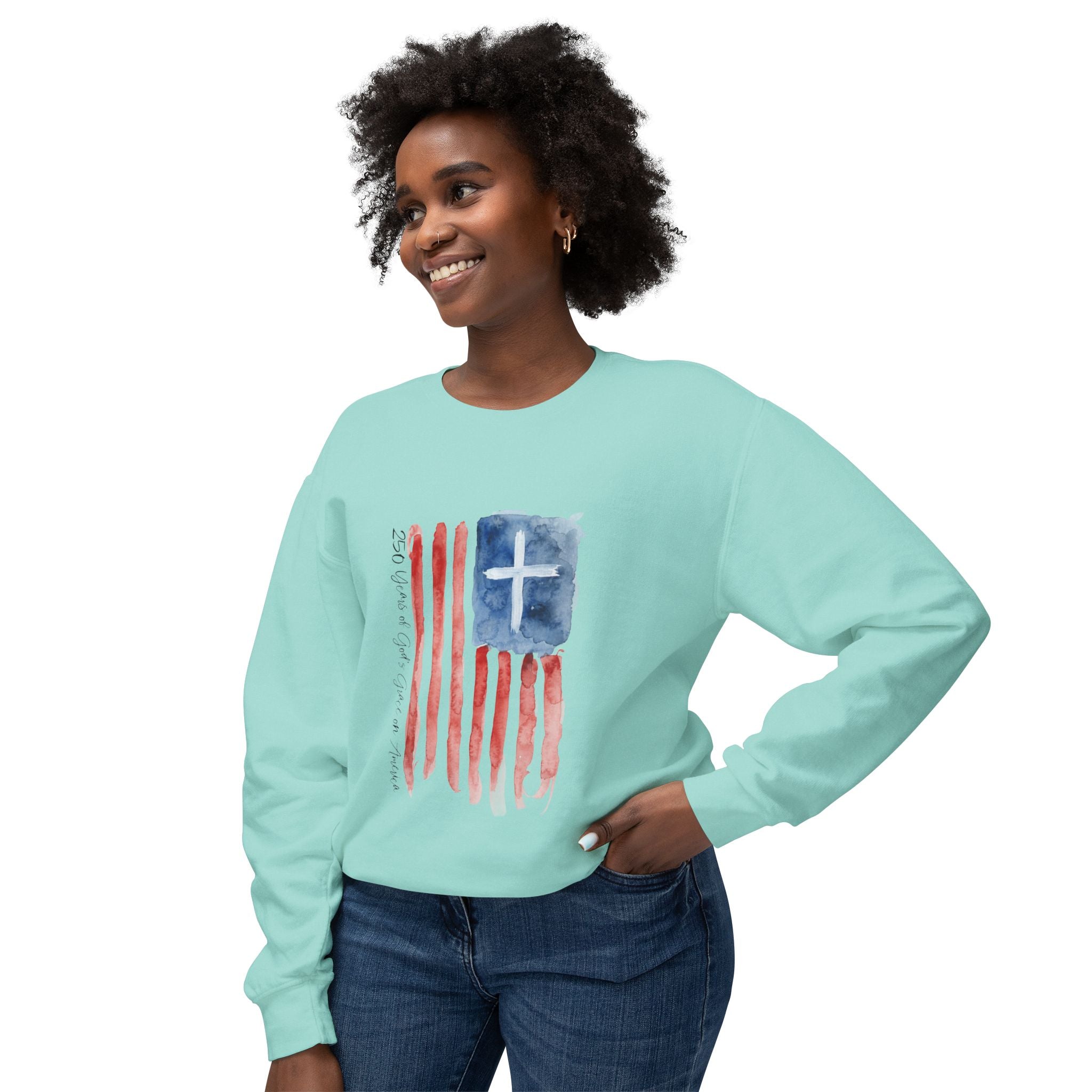 Crewneck Sweatshirt - Watercolor Christian Flag Design (Cross & Stripes)