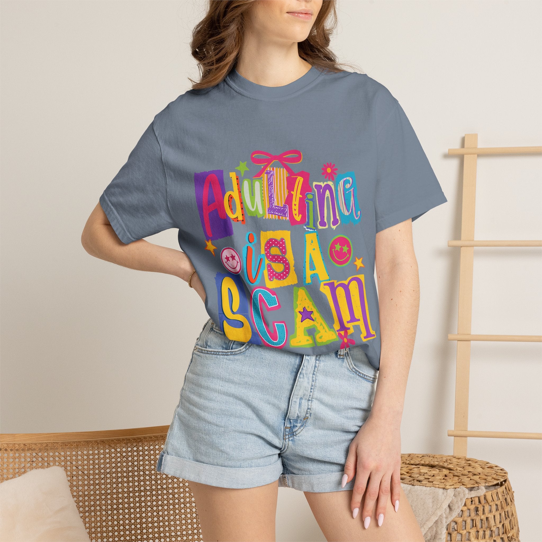 Adulting Is a Scam T-Shirt — Funny Retro Colorful Graphic Tee