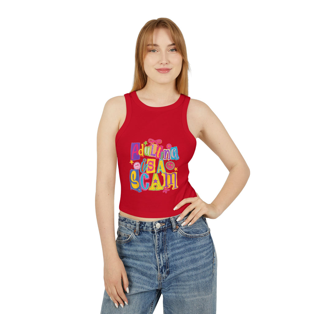 Adulting Is a Scam Racer Tank Top — Women's Cute Graphic Crop Tank