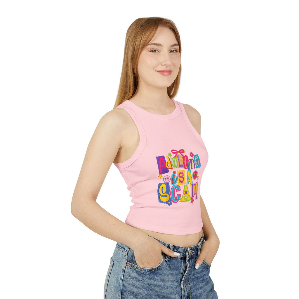 Adulting Is a Scam Racer Tank Top — Women's Cute Graphic Crop Tank