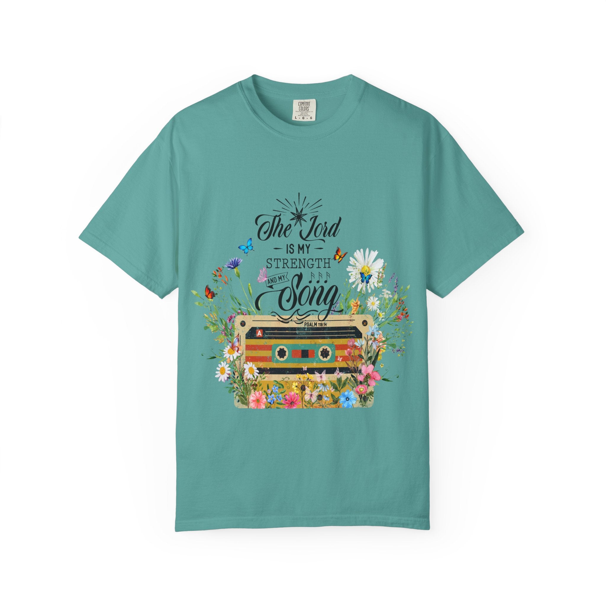 Graphic T-Shirt — "The Lord Is My Strength and Song" Floral Cassette Faith Tee