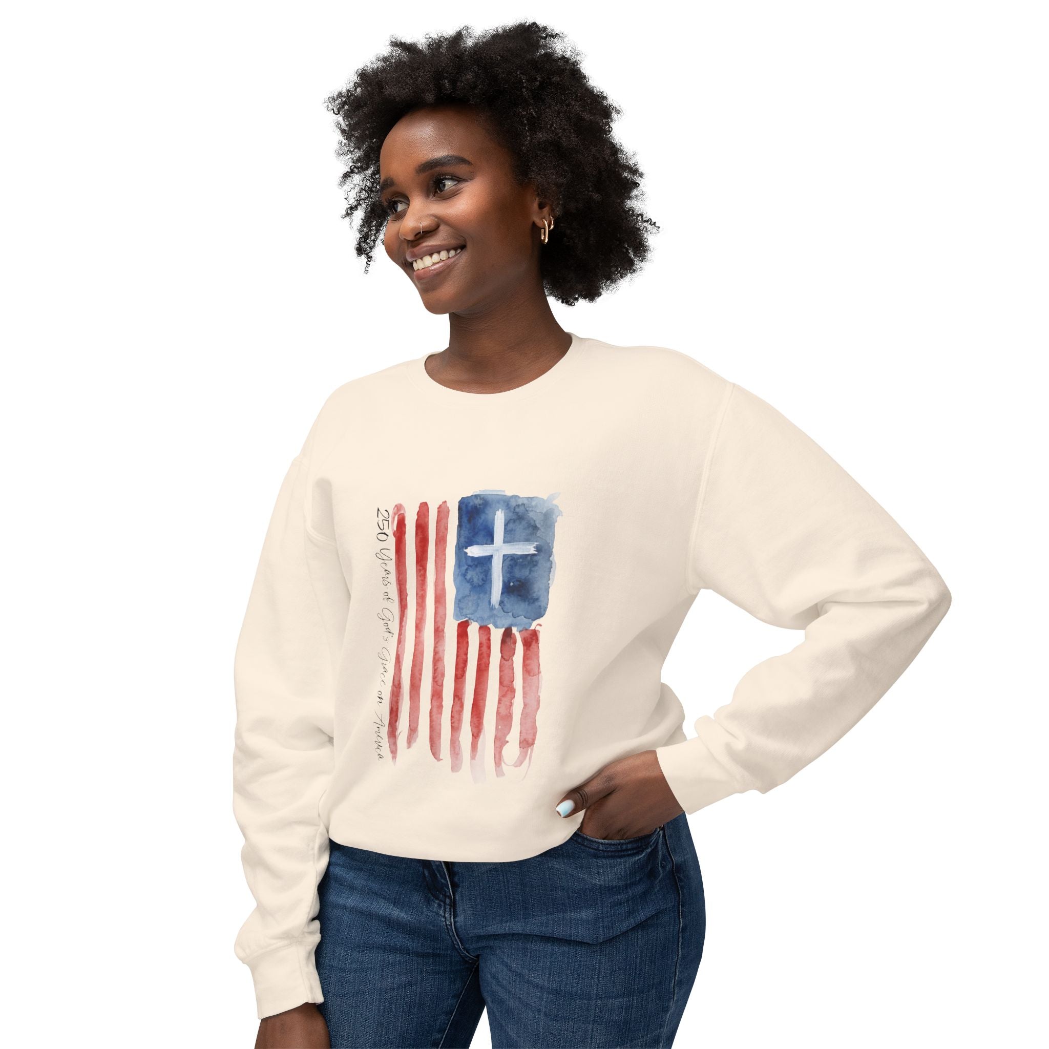 Crewneck Sweatshirt - Watercolor Christian Flag Design (Cross & Stripes)