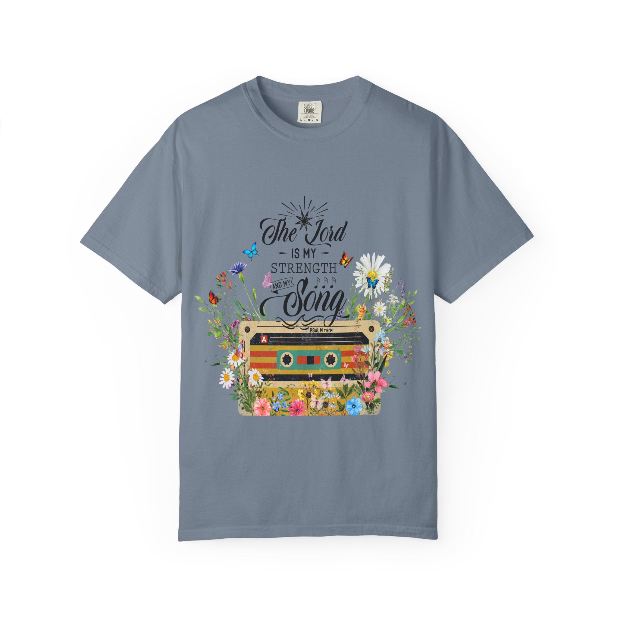 Graphic T-Shirt — "The Lord Is My Strength and Song" Floral Cassette Faith Tee
