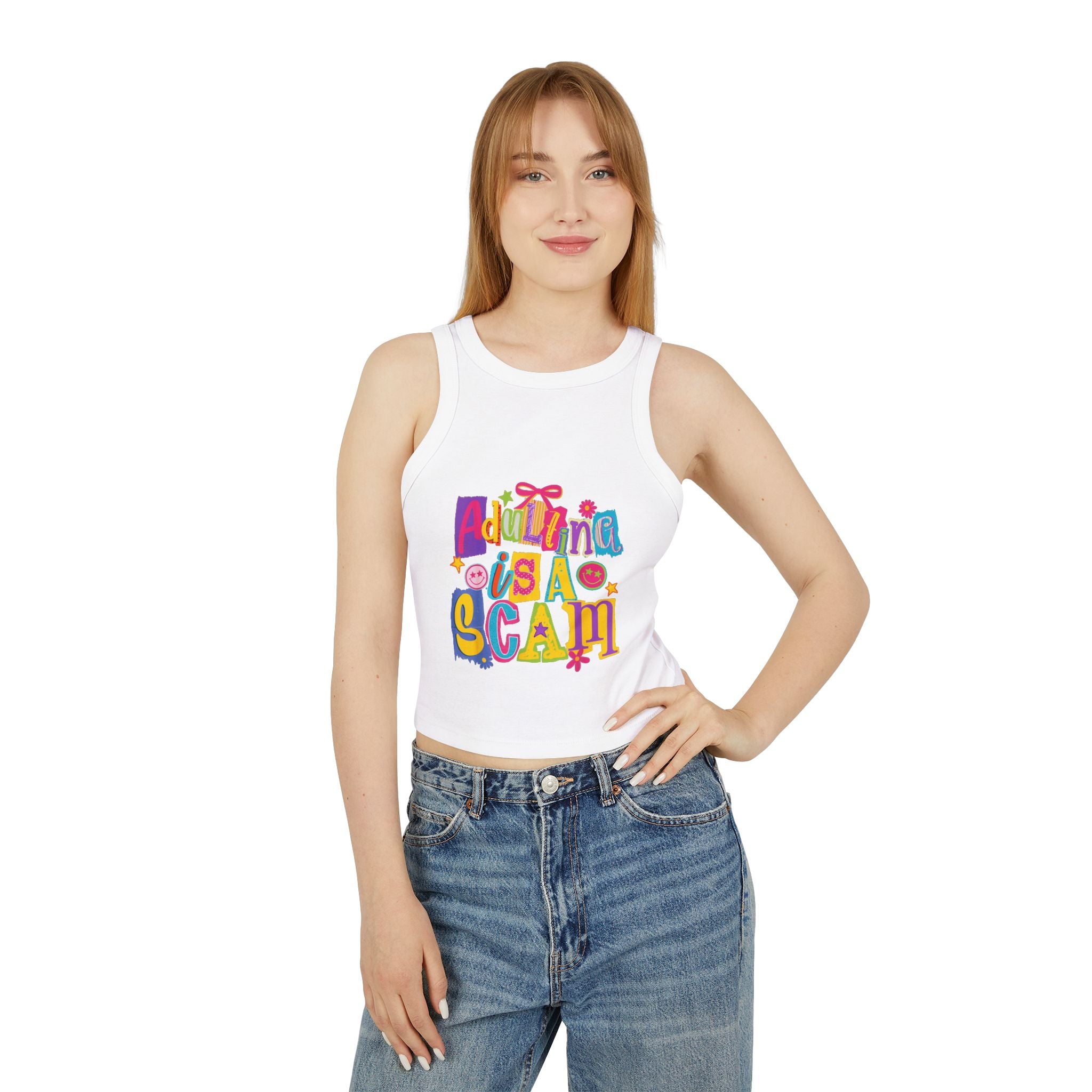 Adulting Is a Scam Racer Tank Top — Women's Cute Graphic Crop Tank