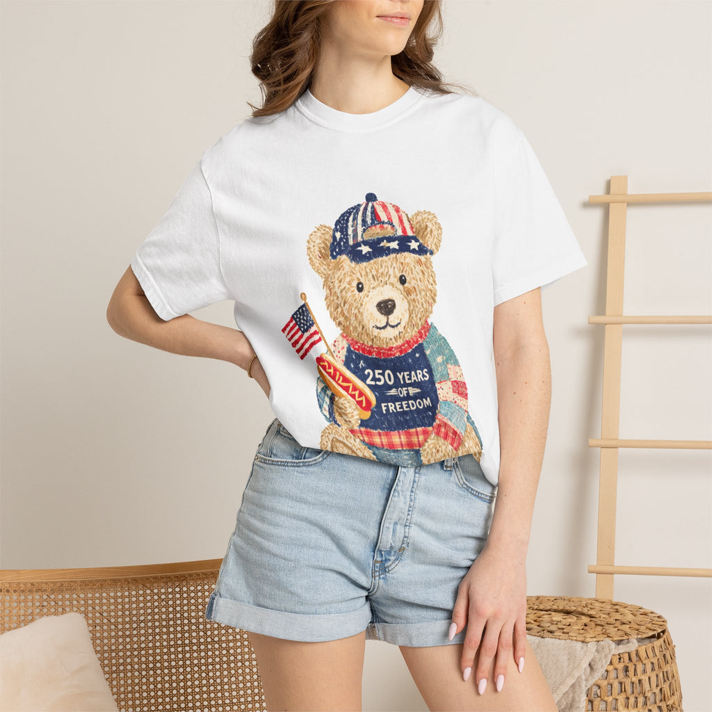 Patriotic Teddy Bear T-Shirt — "250 Years of Freedom" Graphic