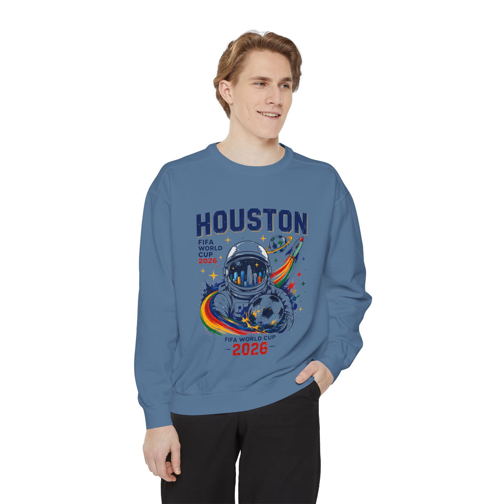 Houston 2026 World Cup Sweatshirt — Astronaut Soccer Retro Graphic