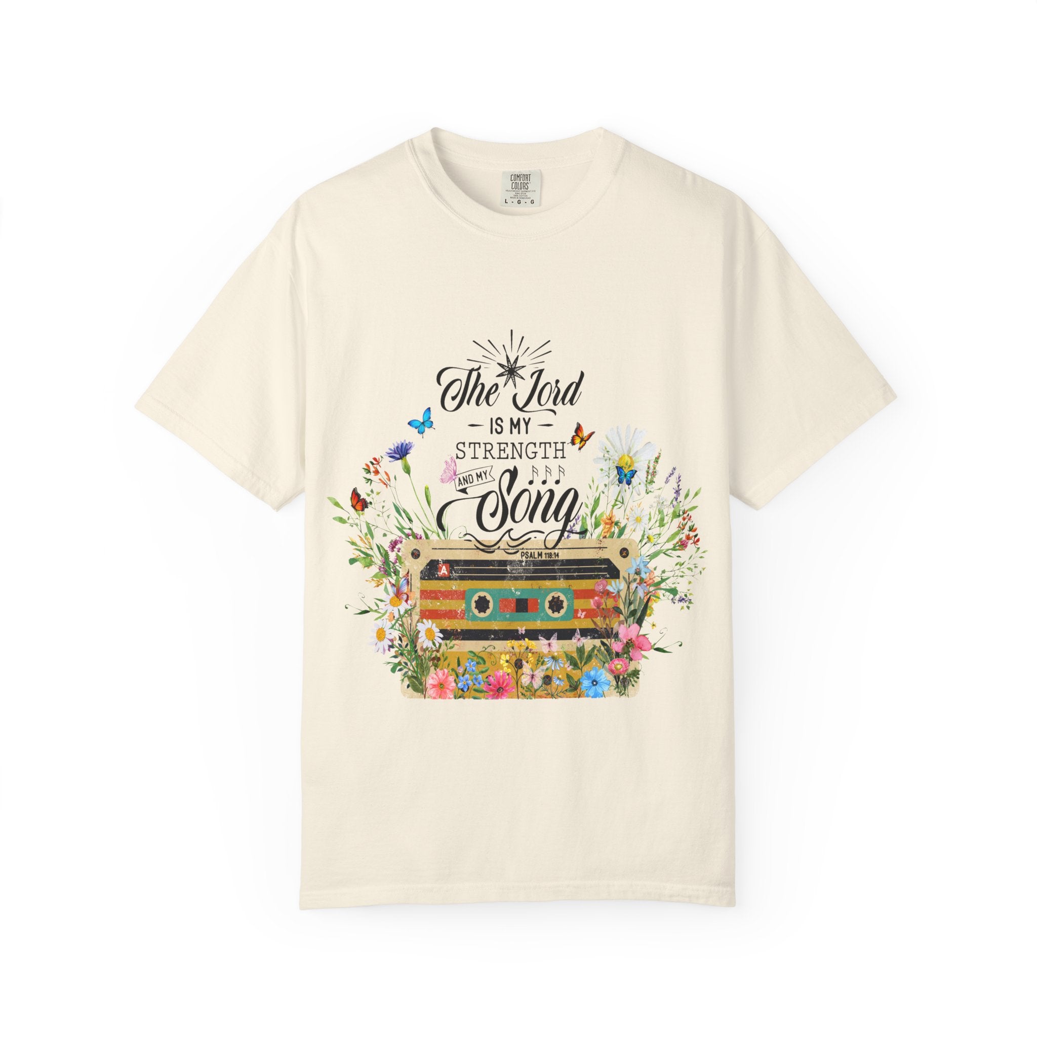 Graphic T-Shirt — "The Lord Is My Strength and Song" Floral Cassette Faith Tee