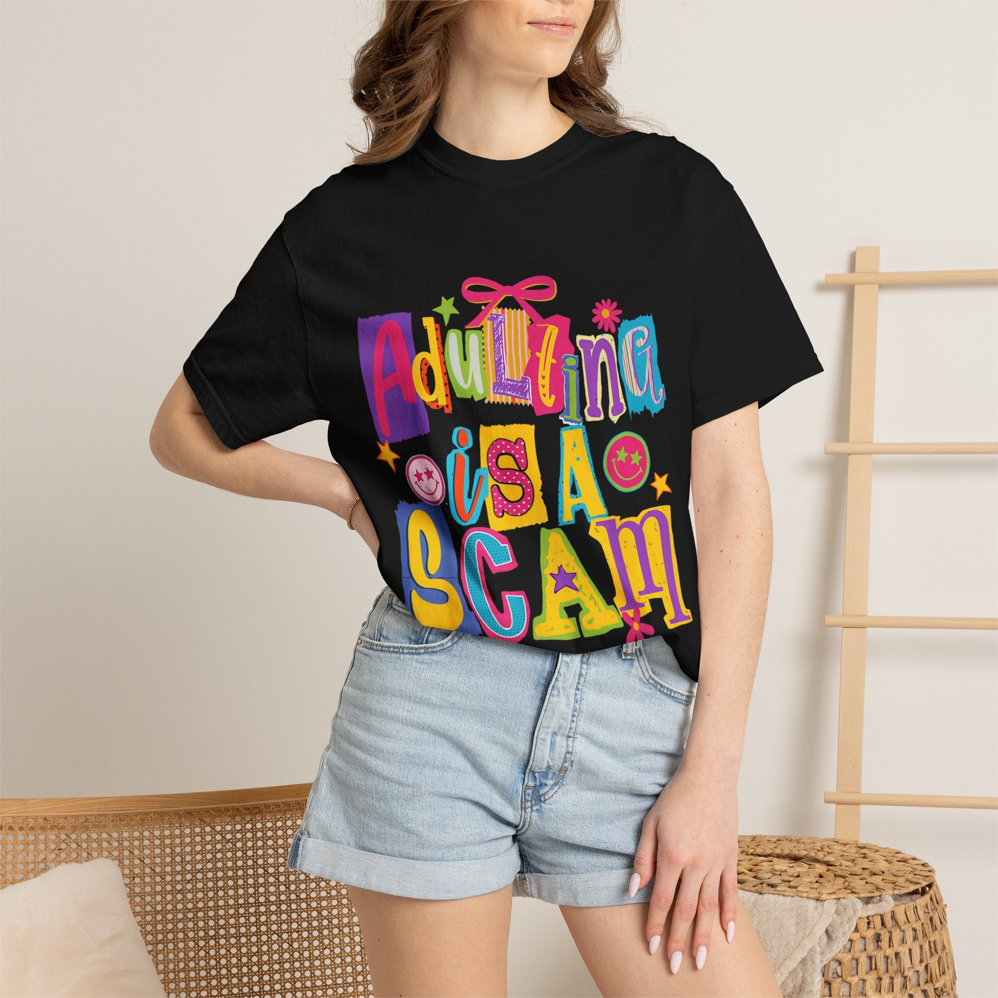 Adulting Is a Scam T-Shirt — Funny Retro Colorful Graphic Tee