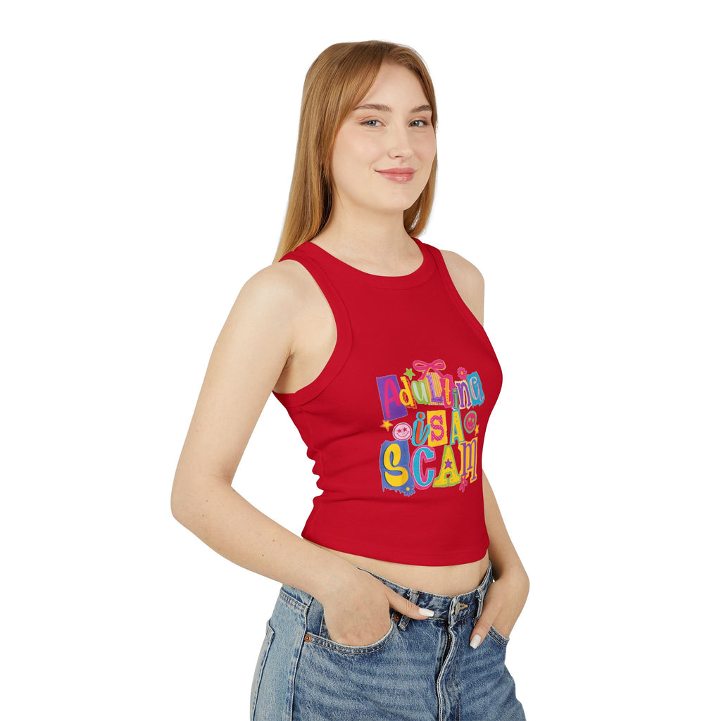 Adulting Is a Scam Racer Tank Top — Women's Cute Graphic Crop Tank
