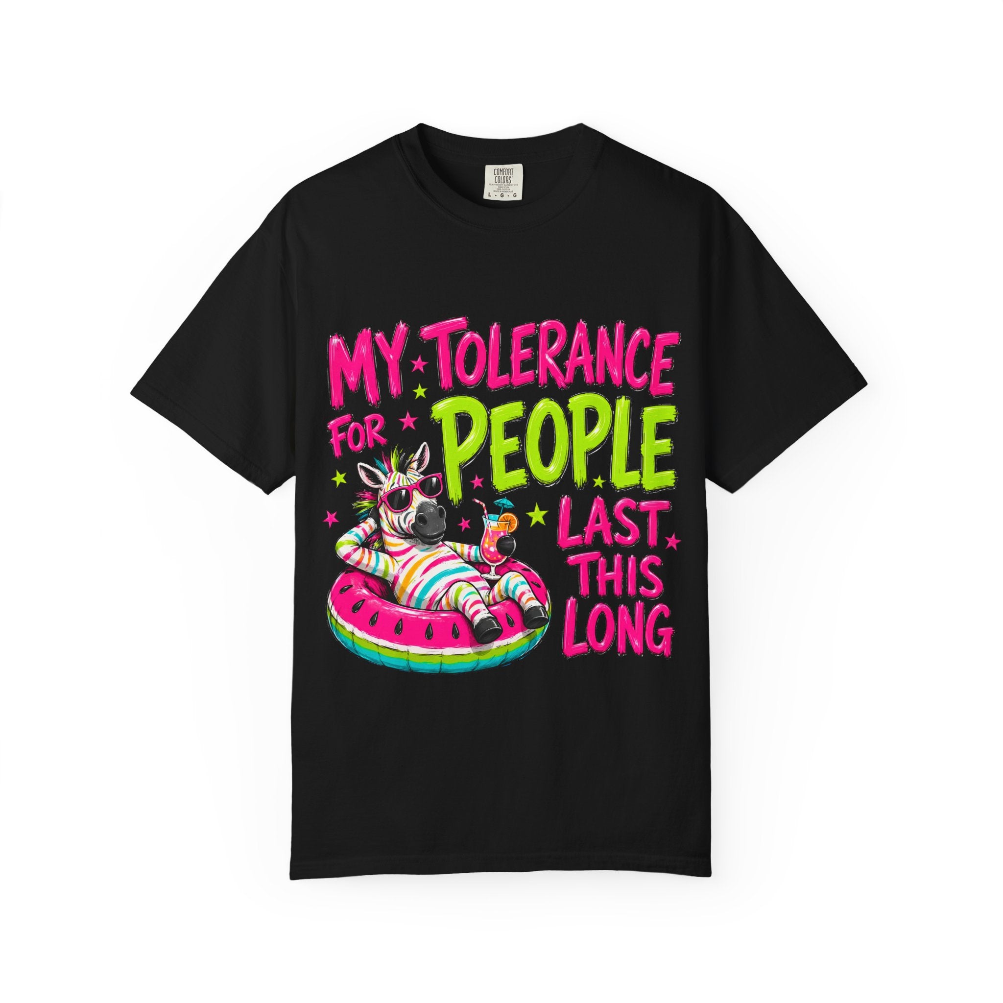 Graphic T-Shirt — "My Tolerance for People Lasts This Long" Funny Cat Float Design