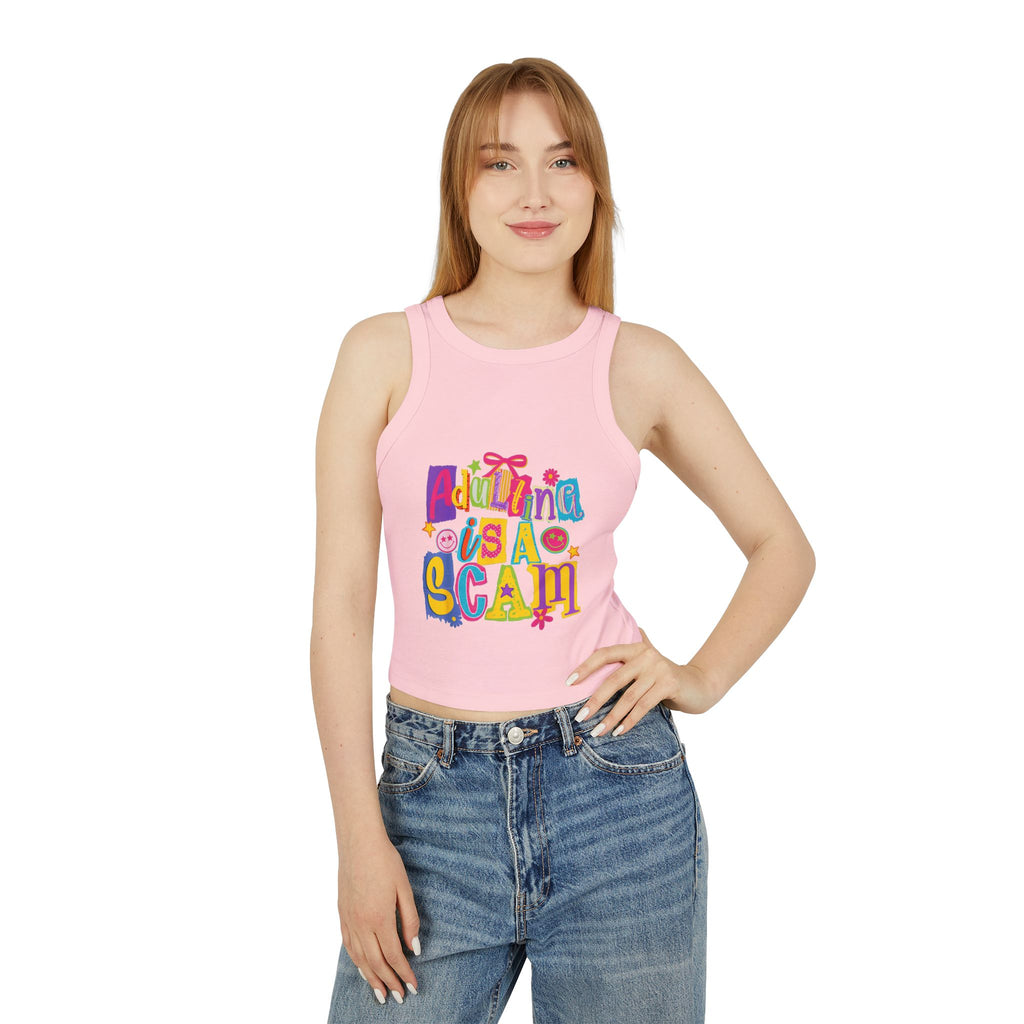 Adulting Is a Scam Racer Tank Top — Women's Cute Graphic Crop Tank