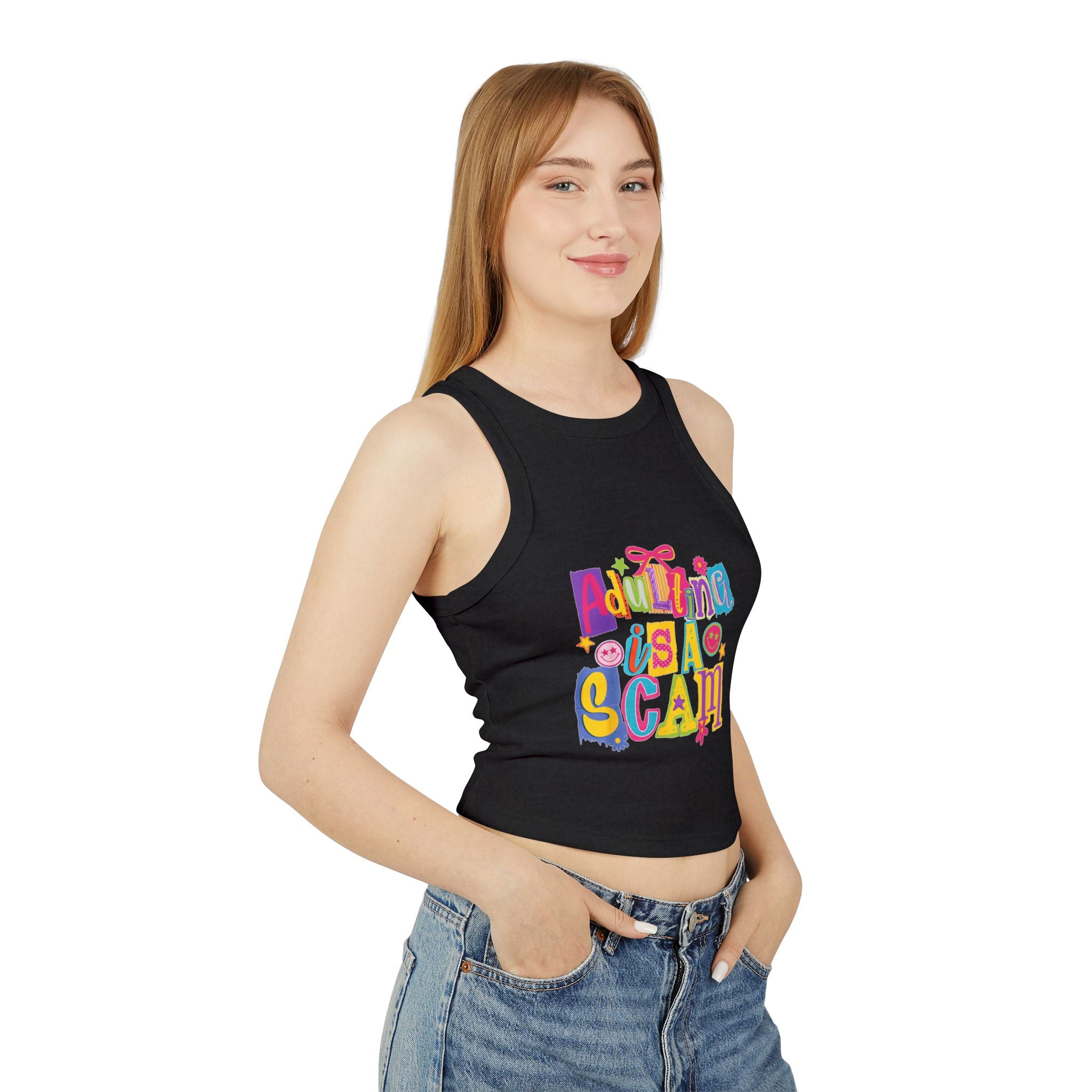 Adulting Is a Scam Racer Tank Top — Women's Cute Graphic Crop Tank