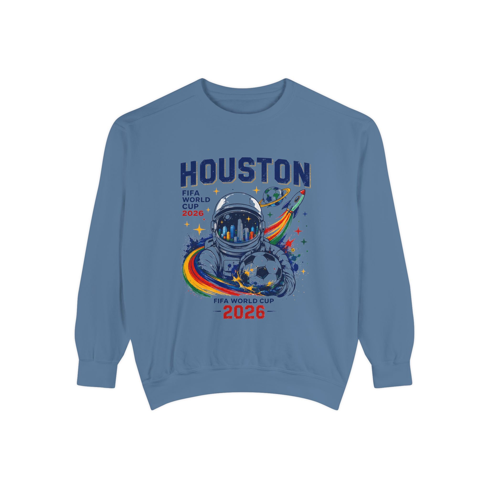 Houston 2026 World Cup Sweatshirt — Astronaut Soccer Retro Graphic
