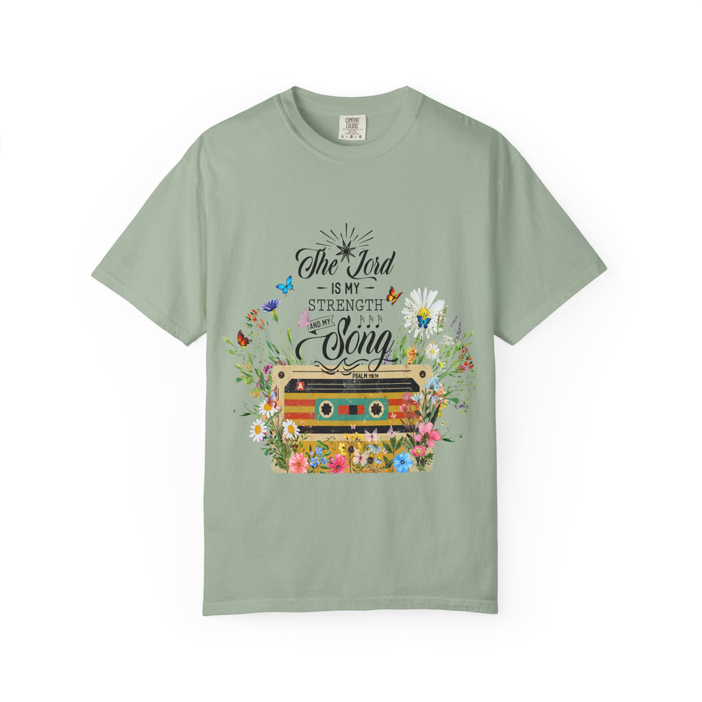 Graphic T-Shirt — "The Lord Is My Strength and Song" Floral Cassette Faith Tee