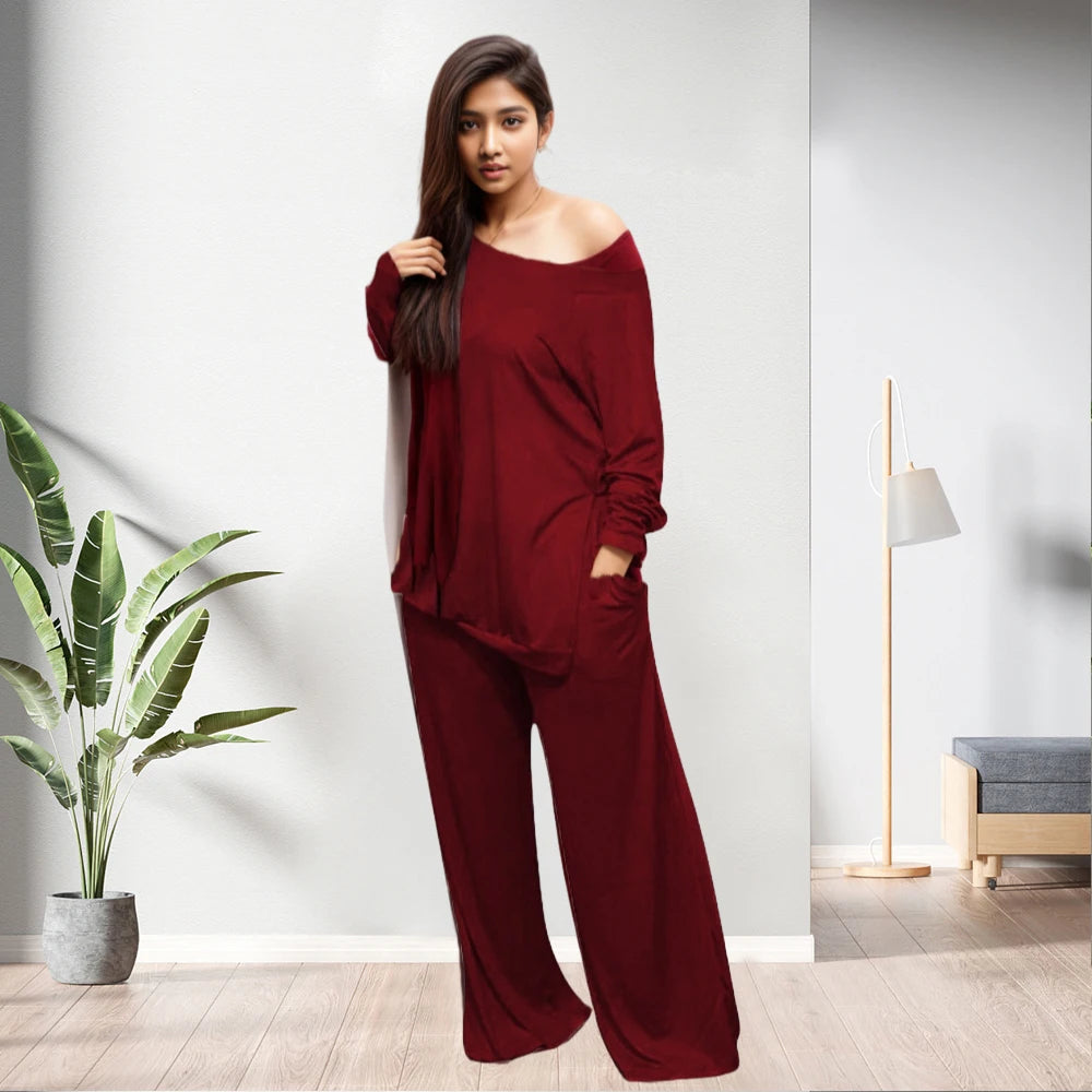 C0203ME61 Plus Size Slit Blouse Two Piece Set Loungewear