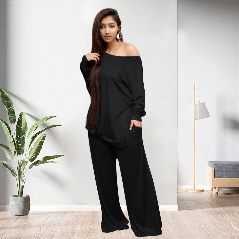 C0203ME61 Plus Size Slit Blouse Two Piece Set Loungewear