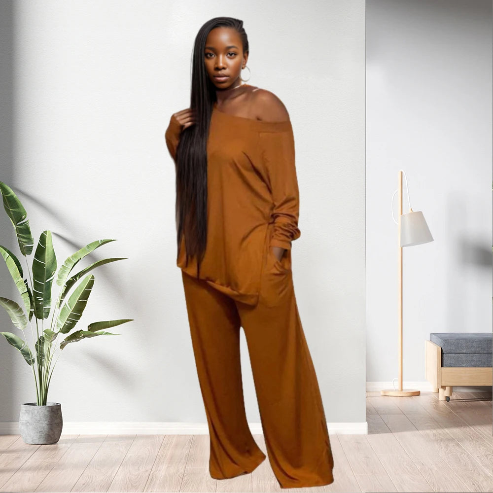 C0203ME61 Plus Size Slit Blouse Two Piece Set Loungewear