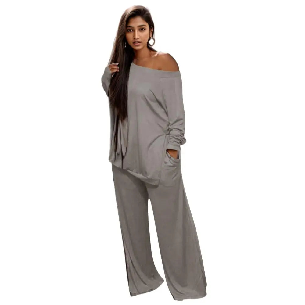 C0203ME61 Plus Size Slit Blouse Two Piece Set Loungewear