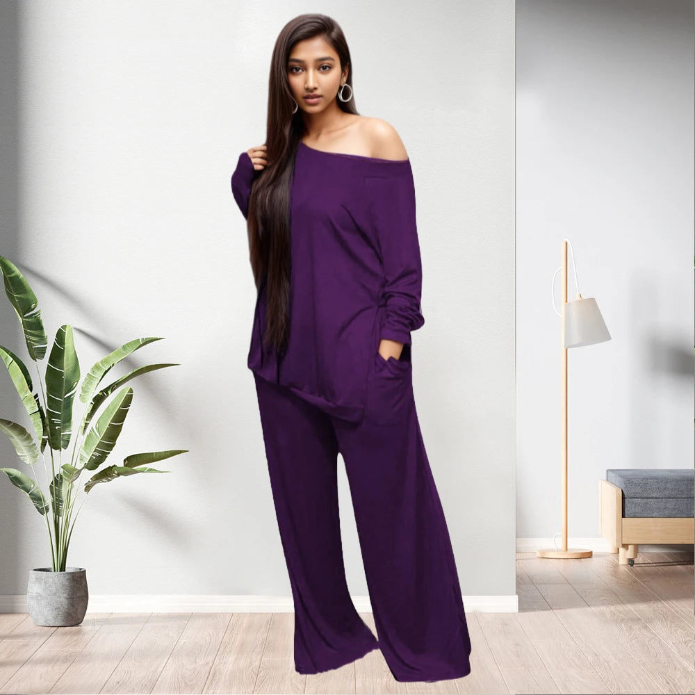 C0203ME61 Plus Size Slit Blouse Two Piece Set Loungewear
