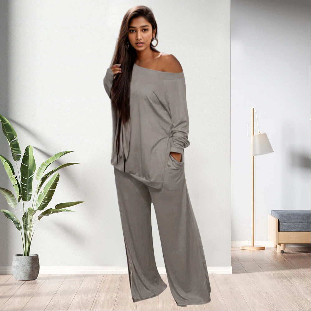 C0203ME61 Plus Size Slit Blouse Two Piece Set Loungewear