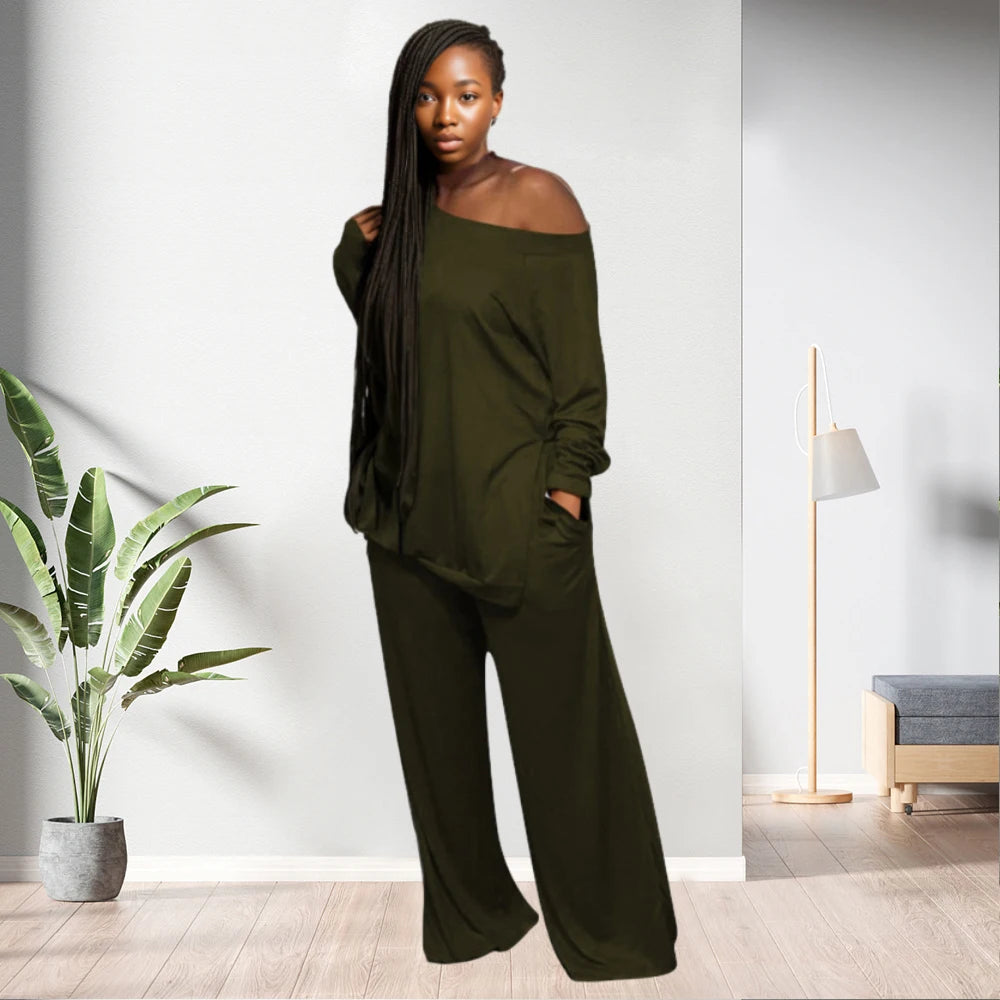 C0203ME61 Plus Size Slit Blouse Two Piece Set Loungewear