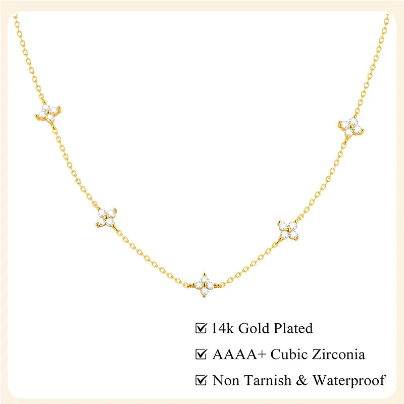 Dainty Lucky Leaf Necklace for Women 925 Sterling Silver Trendy 14K Gold Plating Cute White CZ Flowers Pendant Choker Necklaces