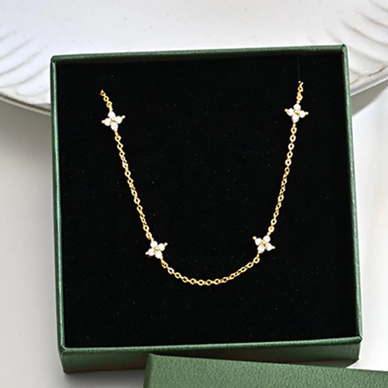 Dainty Lucky Leaf Necklace for Women 925 Sterling Silver Trendy 14K Gold Plating Cute White CZ Flowers Pendant Choker Necklaces