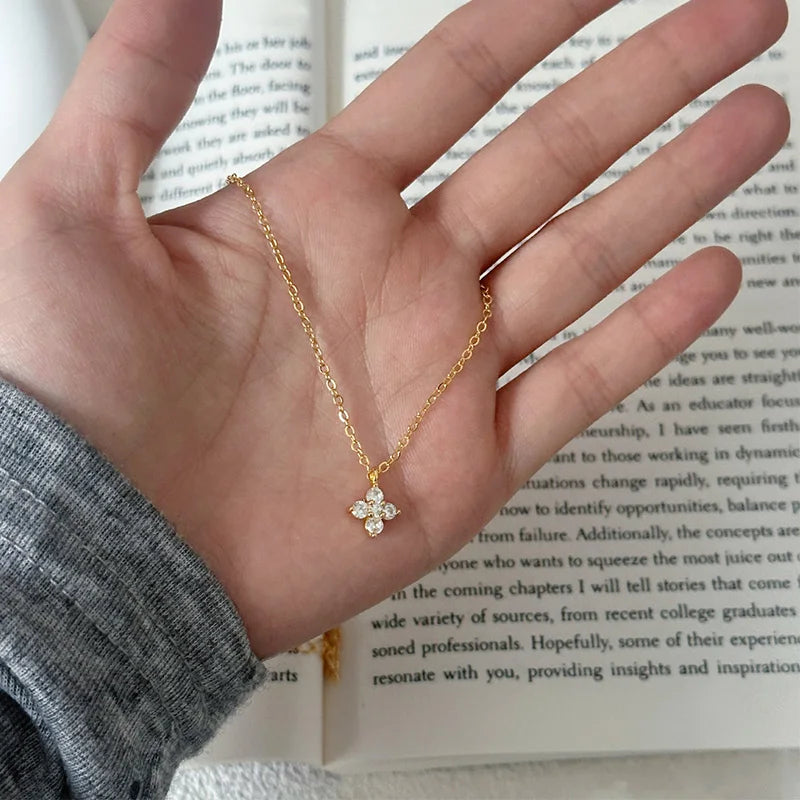 Dainty Lucky Leaf Necklace for Women 925 Sterling Silver Trendy 14K Gold Plating Cute White CZ Flowers Pendant Choker Necklaces